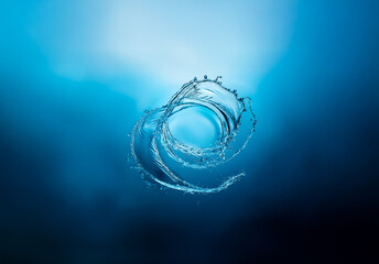 Poster - A swirling splash of water forms a dynamic spiral shape against a gradient blue backdrop. Liquid motion creates an abstract, refreshing, and fluid design element.