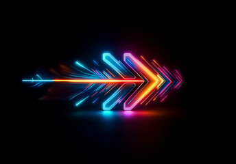 Aufkleber - A vibrant neon arrow points right, emitting bright blue, orange, and pink light against a dark backdrop, creating a sense of direction and modern technology.