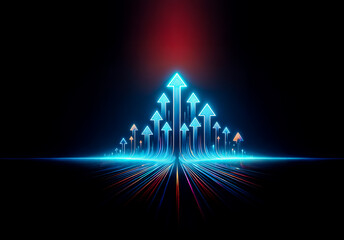 Aufkleber - A group of glowing blue arrows pointing upwards against a black backdrop. A streak of red light appears above the arrows, creating a sense of direction and forward motion.