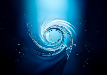 Leinwandbilder - A dynamic water swirl in motion against a gradient blue background.  The liquid twists, creating a spiral shape with droplets suspended in air, illuminated by a light source.