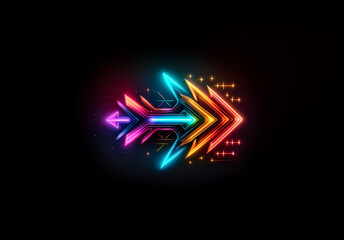 Aufkleber - A vibrant, neon arrow with sharp edges points right, glowing with blue, pink, orange, and yellow on a dark background.  It has a futuristic, digital style, suggesting direction and movement.