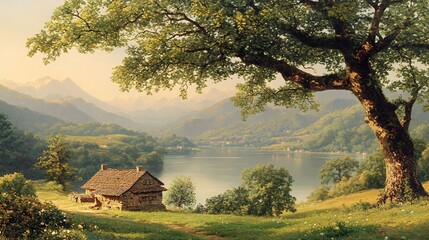 Sticker - Serene Lakeside Cottage Bathed in Warm Sunlight. AI Generated