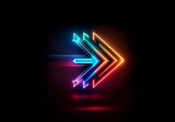 Fototapete - Vibrant neon arrow in rainbow colors points right on a dark background. The glowing symbol suggests direction and forward motion with its bright lines.