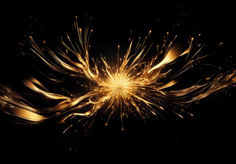 Aufkleber - Golden abstract burst on black. Shiny, flowing lines radiate outwards like an explosion of light, creating a dynamic and elegant design.