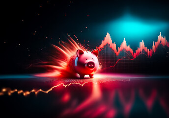 Poster - A piggy bank speeds forward, illuminated by red streaks, against a backdrop of a vibrant financial chart, suggesting rapid economic growth or investment success.