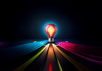 Aufkleber - A bright light bulb illuminates the darkness, with vibrant arrows converging towards it, symbolizing a central idea or solution. Colorful paths lead to innovation and inspiration.