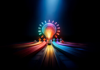 Poster - A vibrant lightbulb radiates rainbow hues, attracting colorful arrows that converge towards it, illuminated by a bright spotlight on a dark backdrop.
