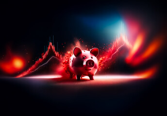 Fototapete - Piggy bank highlighted against a dark backdrop with a vibrant red financial graph showcasing market trends and economic fluctuations.