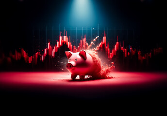 Poster - A pink piggy bank stands prominently against a backdrop of a red graph under a bright spotlight, creating a dramatic and contrasting scene. The image evokes themes of finance and economic trends in a 