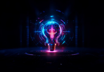 Poster - A glowing lightbulb with vibrant neon lights, surrounded by circular patterns and tech elements, stands in a dark futuristic scene.