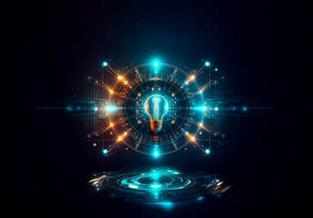 Leinwandbilder - A glowing lightbulb illuminates the center of a futuristic, circular design.  Orange and blue lights radiate outwards in a network of interconnected nodes and lines, projecting a sense of innovation a