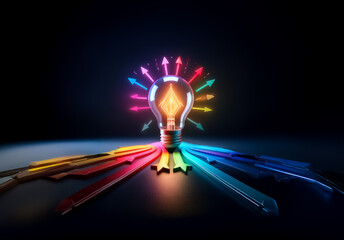 Aufkleber - Illuminated light bulb emits vibrant, colorful arrows in all directions on a dark surface, symbolizing idea generation and creative inspiration.