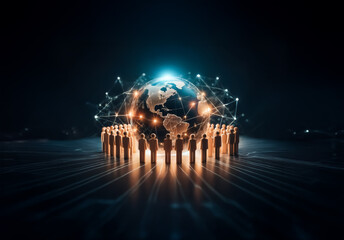 Leinwandbilder - A group of people encircles a glowing globe with network connections. Illuminated figures stand united, representing global collaboration and interconnectedness.