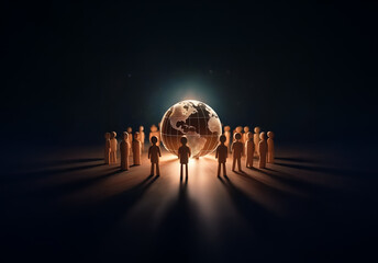 Leinwandbilder - Silhouetted figures surround a luminous globe in a dark setting. Bright light behind the earth casts long shadows on the floor.
