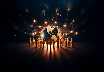 Leinwandbilder - A global network visualized with people figures encircling a glowing Earth, connected by light beams in a dark space, symbolizing global connections and community.