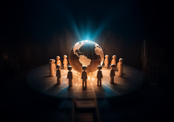 Leinwandbilder - A group of wooden figures stands in a circle around a glowing globe on a dark stage, illuminated by a bright spotlight and radiating beams of light.