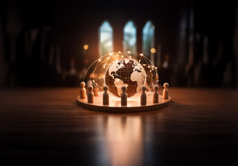 Leinwandbilder - Illuminated globe encircled by figures on platform, glowing lines link in dim setting. Concept: global influence.