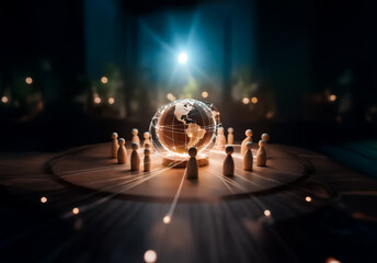 Leinwandbilder - Conceptual image of a glowing globe surrounded by wooden figures in a circle under spotlight. Represents global network and unity.