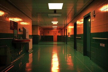 Wall Mural - Empty hospital corridor with lights reflecting on the green floor