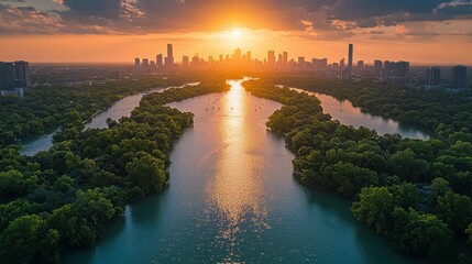 Wall Mural - City sunset over lake, aerial view, tranquil scene, possible use for nature, tourism