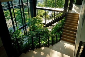 Wall Mural - Office stairs with plant decor and large windows, for green architecture