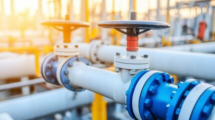 Industrial Pipeline with Valves and Fittings in Sunset Light at Oil and Gas Facility