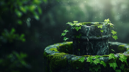 Wall Mural - Stone Fountain in the Mist: A moss-covered stone fountain shrouded in ethereal mist amidst a lush, verdant backdrop, creating a serene and enchanting ambiance.  