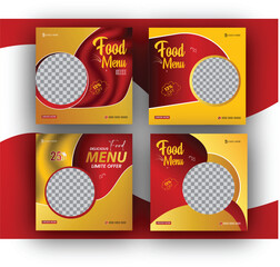 Wall Mural - Set of Editable square food banners. Instagram post template design. Suitable for Social Media Post Restaurant and culinary Promotion. Red and yellow background