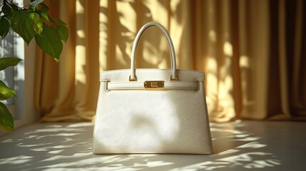 Wall Mural - Elegant white handbag positioned on a bright surface with soft shadows, surrounded by warm drapes