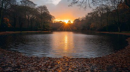 Wall Mural - Golden Hour by the Lake: A serene lake mirrors the warm hues of the setting sun, creating a tranquil scene framed by the silhouettes of trees. The water's surface shimmers.