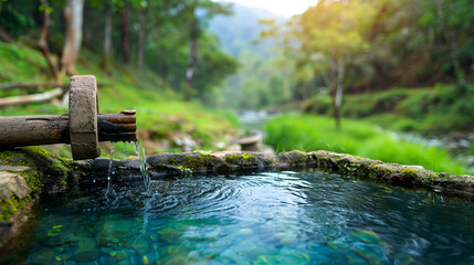 Wall Mural - Bamboo Water Source: Tranquility found in a bamboo-crafted water source, where fresh water gently flows from a weathered pipe, creating ripples in a pristine pool amidst a lush, tropical landscape. 