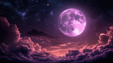 Wall Mural - Enchanting night sky with a large pink moon illuminating soft clouds and twinkling stars