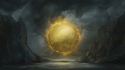 Wall Mural - A large golden sphere is floating in the sky above a rocky landscape