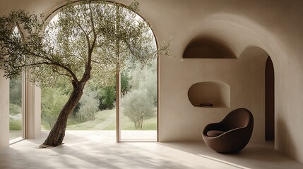 Wall Mural - Tranquil Interior Design Featuring Olive Tree and Modern Chair