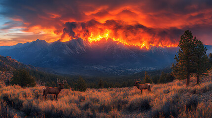 Wall Mural - Majestic Sunset Over Mountain Range: Witness the breathtaking scene of a fiery sunset painting the sky above a majestic mountain range, with a pair of elk grazing in the foreground.