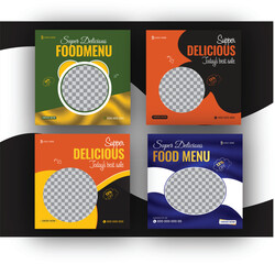 Wall Mural - Set of Editable square food banners. Instagram post template design. Suitable for Social Media Post Restaurant and culinary Promotion. Red and yellow background