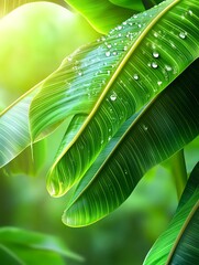 Sticker - Lush Green Banana Leaves with Dew Drops - Nature photography