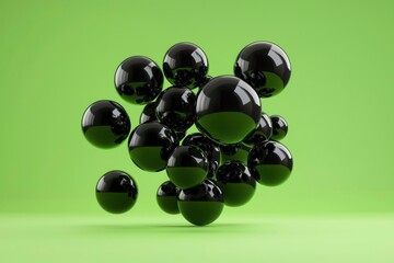 Wall Mural - Glossy black spheres floating on pastel green plain background