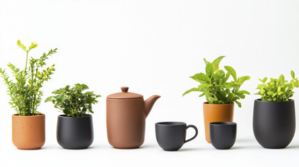 Canvas Print - collection of modern pots and teapot with various green plants, showcasing minimalist aesthetic