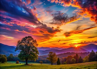 Wall Mural - Virginia's majestic mountains and trees, silhouetted against a vibrant sunset.