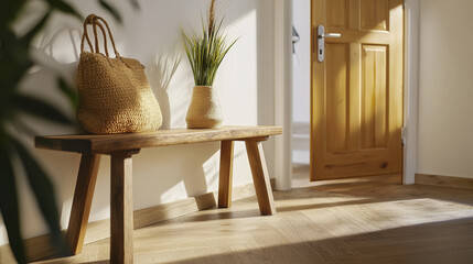 Wall Mural - cozy hallway featuring wooden bench, woven bag, and potted plant, illuminated by warm sunlight