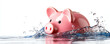 © Sunny Good Cat - pink piggy bank is partially submerged water, creating splash effect, symbolizing financial challenges or savings issues. image is set against white background, highlighting piggy bank glossy