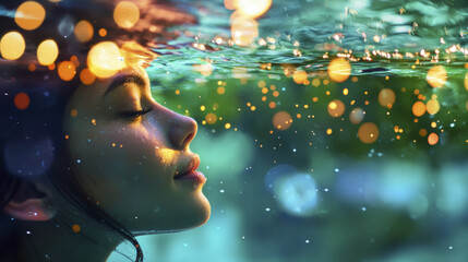 Wall Mural - serene woman swimming underwater, surrounded by shimmering lights and bubbles