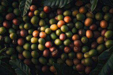 Wall Mural - Coffee beans ripening, farm, sunlight, leaves, harvest