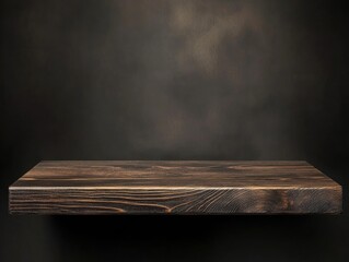 Wall Mural - Dark wood shelf, smoky backdrop, product display