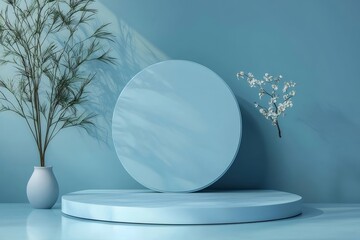 Wall Mural - Blue minimalist product display, plants, shadows, studio