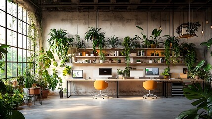 Wall Mural - Lush Greenery Enhances Modern Industrial Workspace Design