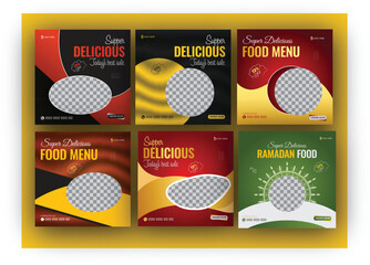 Wall Mural - Set of Editable square food banners. Instagram post template design. Suitable for Social Media Post Restaurant and culinary Promotion. Red and yellow background