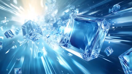 Wall Mural - Ice Cubes Exploding, Blue Background, Drink Ad