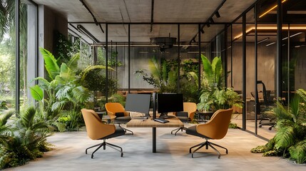 Wall Mural - Modern Office Interior Design Featuring Lush Tropical Plants